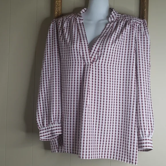 Draper James Maroon and White Checkered Long Sleeve Top - Picture 2 of 10